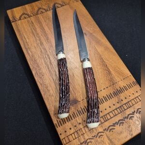 Vintage Faux Deer Antler Handle Steak Knives Stainless Steel Japan ~ Set Of 2